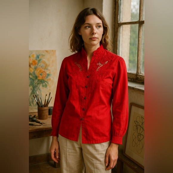 Vintage Daffodil Red Embroidered Blouse S Artsy Lace Button Top China Style Rare - Picture 8 of 13
